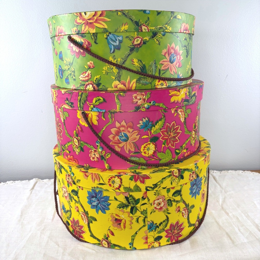 Punch Studio Set of 3 Nesting Floral Hat Boxes Green Pink Yellow